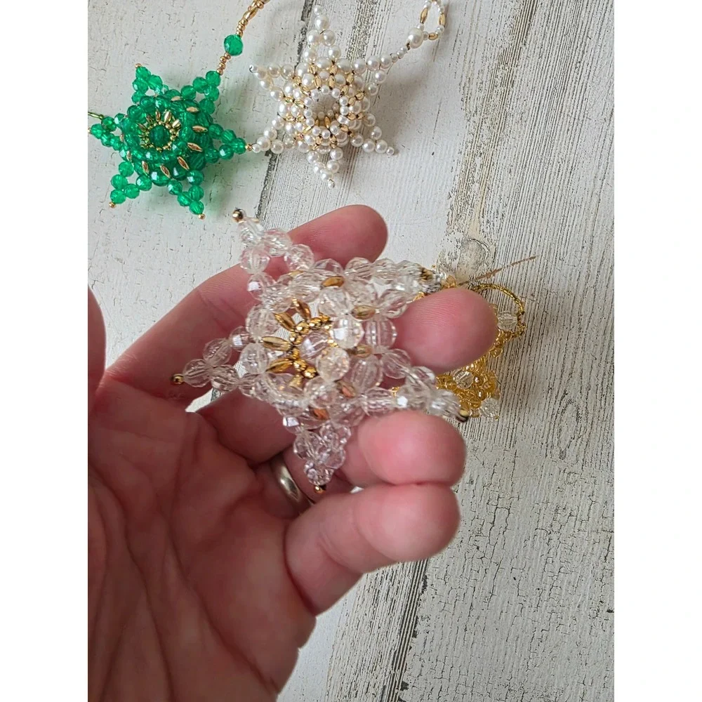 Beaded star ornament green gold pearls Xmas tree